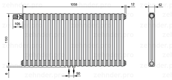 Схема (чертеж) Радиатор Zehnder Charleston 2110/23 №V007 Белый глянцевый RAL 9016